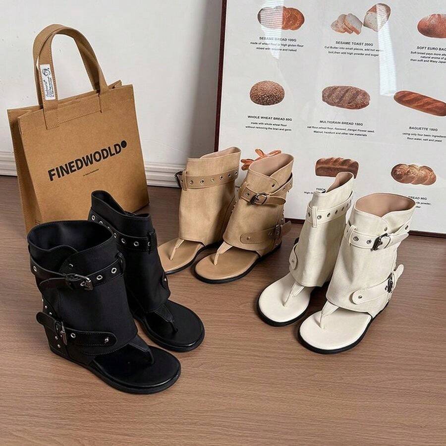 Women's New Punk Style Open Toe Mid-Calf Sandals, Featuring Rivets And Buckle Straps, Unique Design, Built-In Height Increase - Khaki - View 1