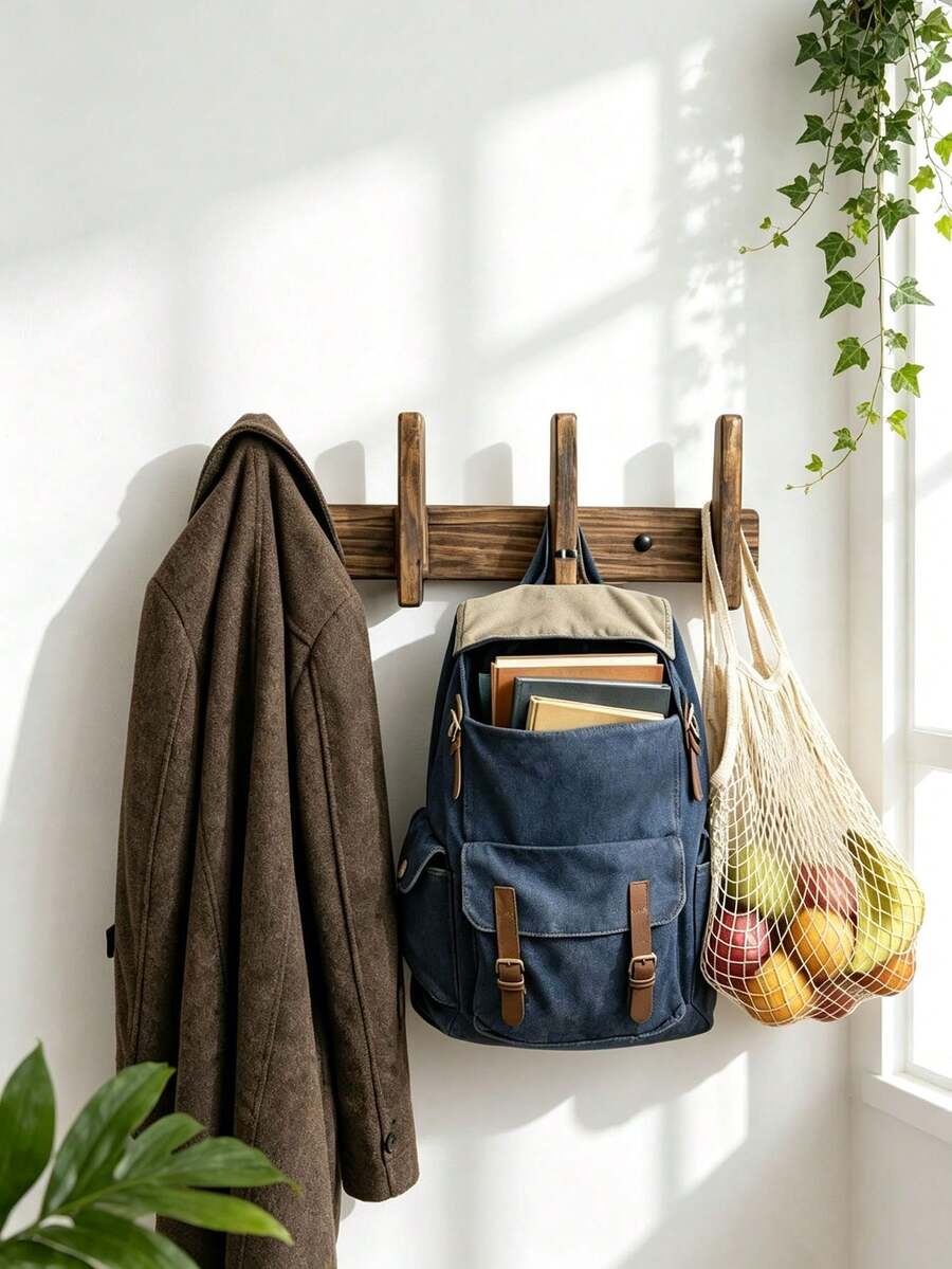 Wall-Mounted Hooks, Hanging Rustic Wooden Hooks, Wooden Coat Rack, Hooks, Hat Rack, Luggage Rack, Key Holder, Bathroom Towel Rack Suitable For Living Room And Bedroom - Multicolor - View 1