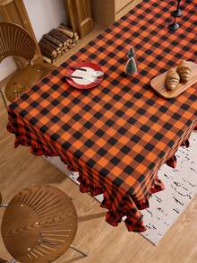 1pc Christmas Vintage Multi-Color Plaid Ruffle Edge Rectangular Tablecloth, Halloween Atmosphere Dining Table Cover, Home Restaurant Living Room Holiday Party B&B Decoration - Orange - View 4