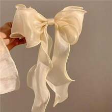 1 Peça Presilha de Cabelo com Laço Grande de Fita Ondulada de Malha Bege, Acessório de Cabelo Elegante e Delicado para Meio Preso - Bege - Visão 6