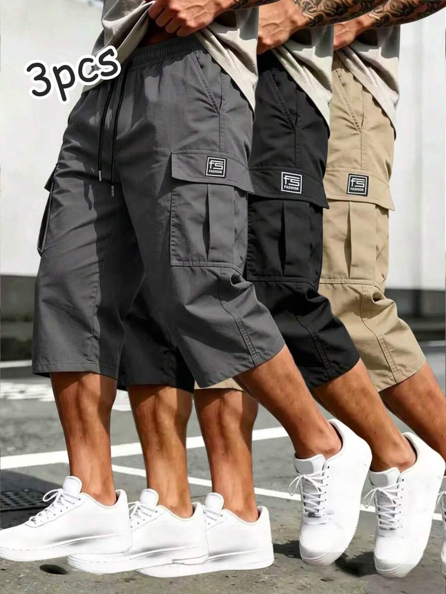 3件組男士休閒運動工裝七分褲,實用口袋設計,適合日常穿著與運動場景,夏季款 - 彩色 - 查看 1