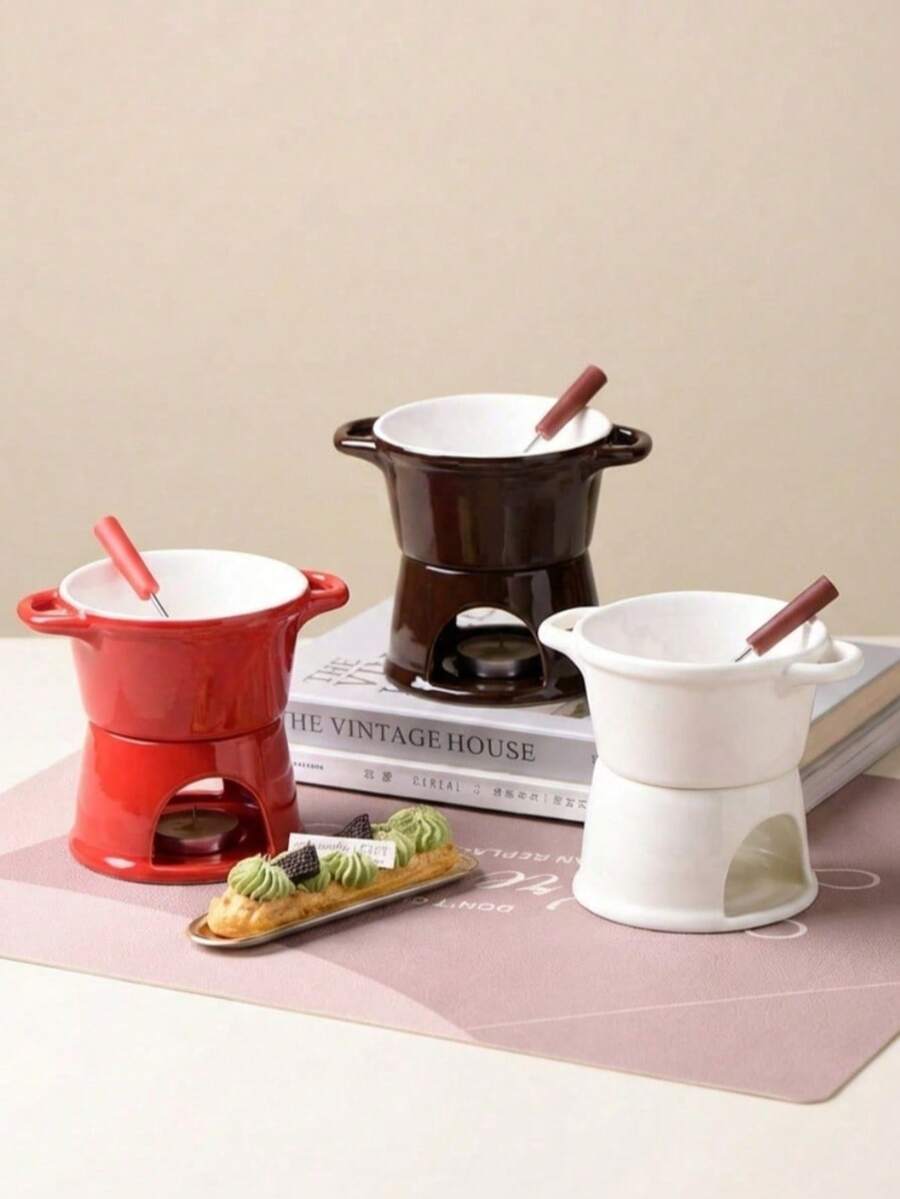 Haus Hana Best-Selling Ceramic Chocolate Fondue Set, Ice Cream Fondue Cup, Coffee Cup, Separable Ceramic Chocolate Melting Pot, Cheese Fondue Warmer, Mini Fondue Pot - Multicolor - View 1