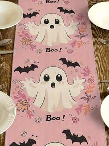 1pc/Halloween Decorative Table Runner, Pink Background With Black Bat And Cute Ghost Print, Polyester Material, Multiple Size Options, Dining Table Centerpiece, Halloween Party Supplies - Multiple Styles - View 7
