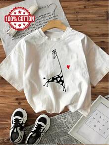 100% Cotton Short Sleeve Crew Neck Casual Shirt With Red Heart Pattern Print, Women's Clothing, Suitable For Summer And Spring - 白色 - 查看 8