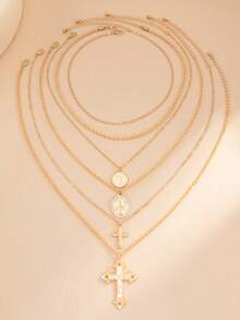 6pcs Fashion Metal Cross & Oval Portrait Pendant Gold Chain Layered Necklace Set, Delicate Design Necklace For Women, Suitable For Daily Wear, Outings, Travel And Holiday - Gold - View 4