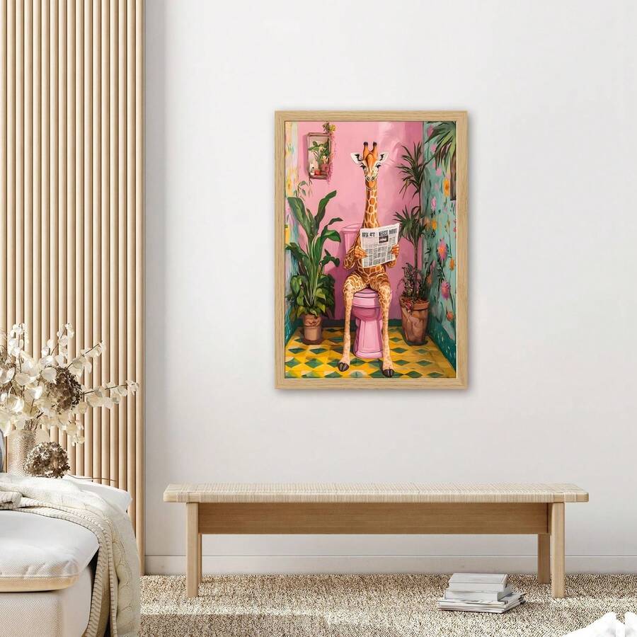 1PC Canvas Wall Art, Fun Animal Theme, Cute Giraffe Reading Newspaper In The Bathroom , Perfect For Modern Living Room, Bedroom, Bathroom Decor And Gifts, No Frame