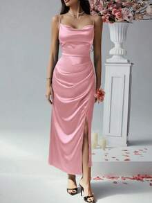 Minimal Satin Vacation Slip Midi Long Dress Graduation Commute Travel Vacation City Trip Leisure Brunch Wear - Pink - View 7