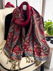 1pc Women's Cashew Nut Jacquard Fringed Scarf, Women's Muslim Headscarf, Soft And Lightweight Shawl, Elegant Headscarf For Daily Travel, Shawl - Multicolor - View 3