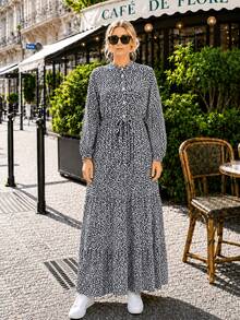 Women's A-Line Floral Maxi Dress with Long Sleeves - 藏蓝色 - 查看 2