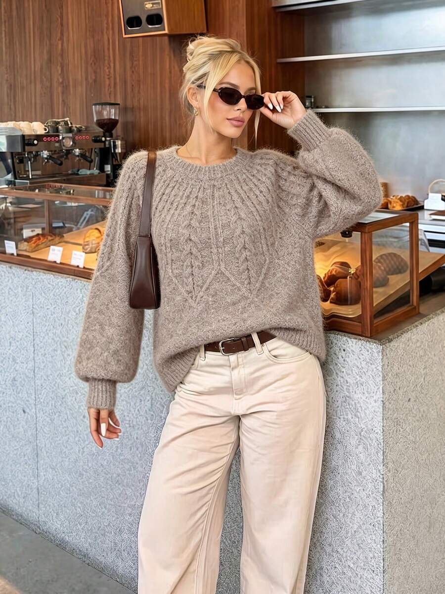 Nicenter Women's Fall Winter Casual Brown Fuzzy Cable Knit Drop Shoulder Crew Neck Long Sleeve Wool Blend Sweater, Cozy Simple For Office Daily Home Date - Camel - View 1