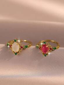 2pcs/1pc Elegant Vintage Hollow White & Pink Oval Gem Cubic Zirconia Multi Accent Open Couple Rings For Daily Wear, Wedding Ceremony, Engagement Gift - Multicolor - View 13