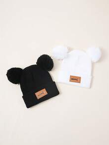 5pcs/Set Baby Autumn/Winter Hat Combination MINI Fabric Label Double Ball Knit Hat Suitable For Daily Use - Multicolor - View 4