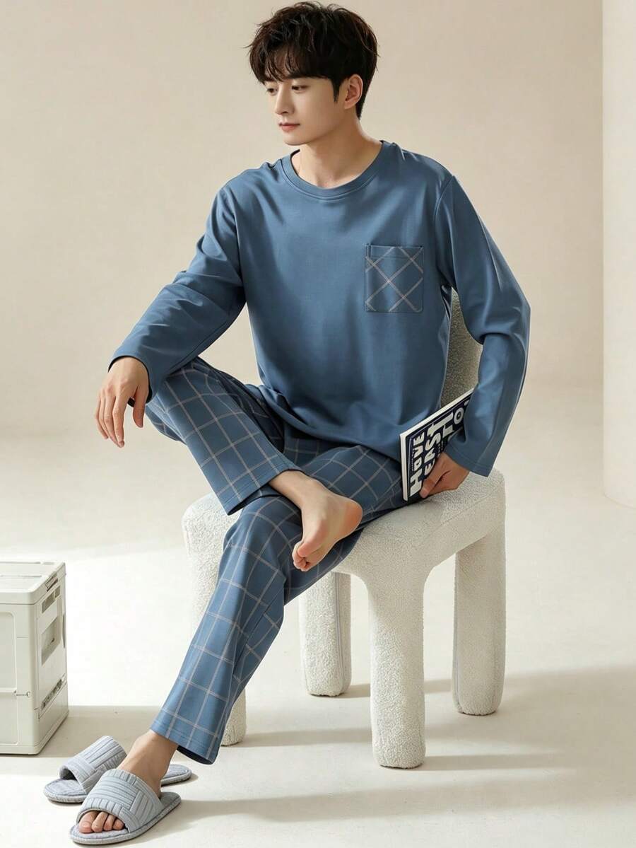 AICJ 男士休闲宽松纯色圆领套头睡衣套装,浅色简约家居服长袖上衣和裤子,情人节和新年礼物,秋冬服装 - 水鴨藍 - 查看 1