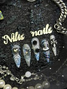 10pcs Handmade Fully Covered Stiletto Nails Press On Nails, Light Blue Fake Nails, Silver Cat Eyes, Glossy Cool Gothic Dark Grunge Y2K Reusable,With Jelly Glue&Nail File,Suitable For Daily Rock Club Party Cosplay,Four Sizes To Choose From - Baby Blue - View 7