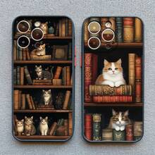 Vintage Bookcase Kitten Painted Phone Case For IPhone 17 16 15 14 Pro Max Plus 13 Mini 12 11 Pro Max XS X XR 16 Plus Back Cover - 黑色 SJM 5 - 查看 3