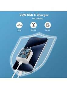 20W Portable Fast Charger + 3.3ft/100cm Type-C To Type-C High-Efficiency Data Transfer Braided Cable, Compatible With IPhone 16/16 Pro/16 Pro Max/16 Plus/15/15 Pro/15Pro Max/IPad Mini6/IPad Air4/IPad Pro,Phone ChargerHigh Output Power - US A Type Plug(110-127V) - View 3