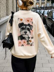 Sweatshirt Wanita Minimalis Terbaru Musim Dingin dengan Motif Anak Anjing, Kerah Bulat Kasual, Modis dan Serbaguna - Aprikot - View 2