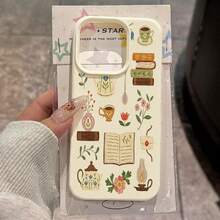 Phone Case For IPhone 11 12 3 14 15 16 17 Pro Max XS X XR 16E 16 Plus 17 Air Literary Floral Book Tea Set Pattern Silicone Cover - 橘色 - 查看 2