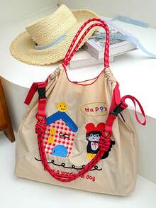 1pc New Casual Embroidered Cat Pattern Lightweight Nylon Large Capacity Foldable Shopping Bag With Drawstring Open Top Shoulder Crossbody Tote - Multicolor - View 8