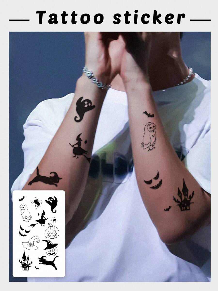 1 Sheet Cute Mixed Halloween Element Temporary Tattoo Sticker, Waterproof Long Lasting Fake Tattoo Lasts 2-3 Days, Body Art Decal For Arm Wrist Finger Neck Collarbone - Black - View 1