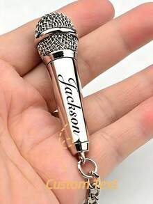 Personalized Name Microphone Keychain, Customized Mini Simulated Microphone Keychain, Rotatable Opening, Microphone Pendant Keychain, Actor Commemorative Performance Engraved Gift, Back To School Gift, Halloween Gift, Gold And Silver Customized Birthday Gift, Halloween Jewelry - Silver - View 3