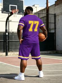 2pcs Plus Size Men's Los Angeles 77 Graphic Short Sleeve T-Shirt & Drawstring Shorts Set, Summer Casual Outfit, Breathable & Soft Fabric, Machine Washable - Purple - View 2