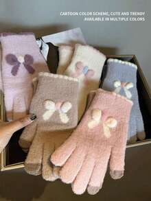1 Pair Cartoon Plush Knitted Warm Gloves, Cute Style, Multiple Colors, Windproof And Touchscreen Compatible, Autumn And Winter - A - View 5