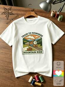 Mountain Ride Women's Short Sleeve Tee, Retro Train Travel Graphic - 白色 - 查看 2