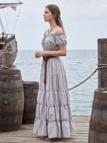 Female Elegant Evening Dress, Off-Shoulder Princess Sleeve With Ruffled Edges, Suitable For Vacation Outfits And Graduation Parties, Renaissance Theme - 灰色 - 查看 3