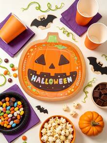 10pcs/20pcs/30pcs/50pcs/100pcs Cute Halloween Paper Plates, 9.4 Inch Pumpkin Shaped Dinner Plates, Colorful Happy Halloween Printed Paper Trays, Halloween Party Tableware, Halloween Trick Or Treat, Spooky Birthday Snack Serving Supplies - Orange Pumpkin - View 5