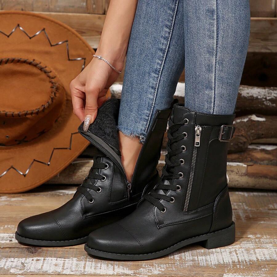 Women's Black Autumn/Winter Warm Fleece Lined Solid Color Basic Lace-Up Side Zipper Short Boots, Suitable For Autumn/Winter Outdoor Parties