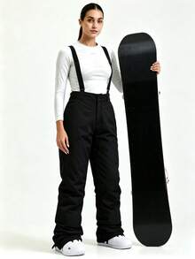 1pc Women's Loose Fit Winter Snowboard Pants, Sporty Style, With Detachable Suspenders, Suitable For Outdoor Activities, Double Skiing Gear, Warm Clothing, Reinforced Structure, Functional Snow Bib Pants, Snow Gear, Thickened, Slim Fit Ski Suit (Front Placket And Pockets Have Three Different Types Of Zippers, Randomly Shipped.) - 黑色 - 查看 4