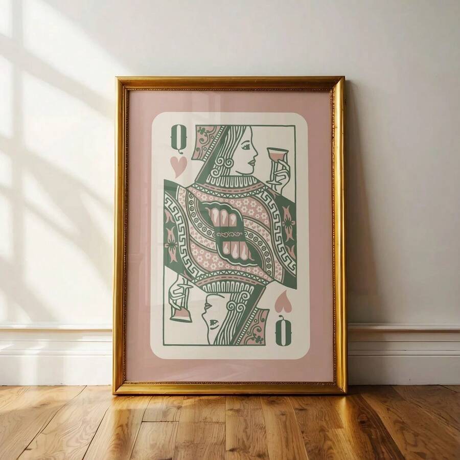 1 pieza Decoración de arte de pared Póster de moda, Impresión de arte de la Reina del Corazón Rojo, Pintura en lienzo de cartas de juego rosa y verde, Decoración de sala de estar, Diseño estético de dormitorio, Regalo para amigos, Regalo de inauguración de casa, Sin marco - G - Ver 1