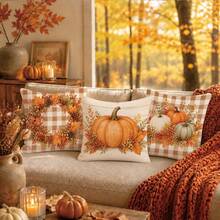 4pcs Minimalist Autumn Plaid Maple Leaf Pumpkin Berry Cushion Covers, Single-Sided Printed Peach Skin Velvet Polyester Material, 45*45/50*50CM Pillow Covers Suitable For Room Decor, Modern Minimalist Sofa Living Room Decoration, Gift Giving, Party Decoration - Multicolor - View 4