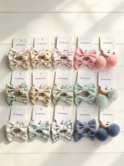 10PCS Baby Pom Pom Bow Hair TiesSoft FloralPlaid Dot Fabric Hair ScrunchiesPastel Neutral NoPullHair BandsCute Little Girls Daily Hair Accessories Set