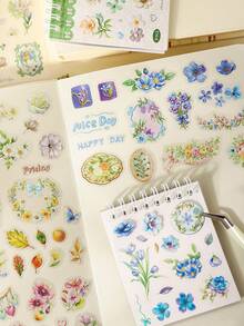 1 Book 20 Sheets Fresh Floral Die-Cut Sticker Book For Planner DIY Collage Decoration Scrapbook Photo Album - Iridescent Floral Painting - View 10