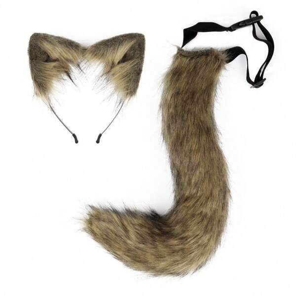 2pc Faux Fur Cat Fox Ear Headband And Tail Costume Set For Women, Fluffy Plush Polyester Faux Fur Cat Fox Wolf Dog Ear Headband And Long Faux Fur Tail With Adjustable Elastic Waistband Buckle Clip, Cute Kawaii Anime Cosplay Y2K Aesthetic Gothic Lolita Harajuku Street Halloween Party Costume Theme Party Stage Performance Photo Daily Date Club Carnival Anime Convention Dress Up Role Play Game Costume Accessories Props Decoration Gift