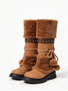 Women's Winter Furry Knee High Snow Boots Fashion Platform Chunky Heels Warm Faux Fur Lining Pull On Casual Comfy Boots Woman - 棕色 - 查看 5