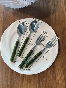Stainless Steel Acrylic Bamboo Handle Western Style Knife Fork Spoon Dessert Spoon Fruit Fork - Green - View 18