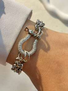 1pc Gold & Silver Horseshoe Buckle Bracelet, Full Rhinestone Horseshoe Buckle Double Chain Design, Unique & Luxurious, Stainless Steel Material, Suitable For Women's Daily Work Decoration - Multicolor - View 6