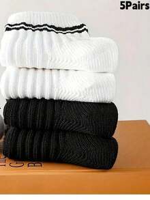 1/5/10/15/20 Pairs Black & White Striped Mid-Calf Socks, Breathable Business Casual, Shark Series Soft Anti-Odor, Unisex Sports Style, Warm Autumn/Winter Christmas Gift - Multicolor - View 13