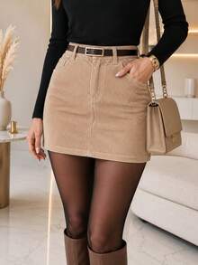 Women's Corduroy Mini Skirt With Elegant Belt High Waisted - 裸體 - 查看 2