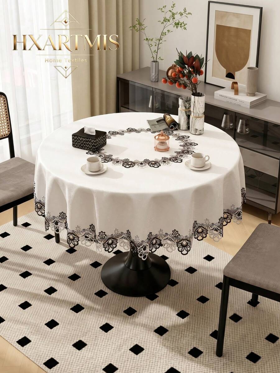 HXARTMIS 1pc Black Contrast Lace Trim Round Tablecloth, Pure White Dining Table Coffee Table Universal Table Cover, Home, Wedding, Party Decoration - White - View 1
