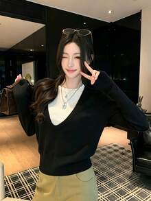 Korean Style Atmosphere 2 In 1 Knit Sweater Women Spring Autumn Black & White Colorblock V-Neck Cinched Waist Short Cropped Sweater Commute Fall - Black - View 5