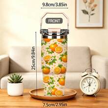 1/5 pezzi Bicchiere termico isolato sottovuoto da 30 once con scatola regalo, stampa di fiori e foglie di arancia crema arancione brillante, manico pieghevole portatile, coperchio a doppio ribaltamento antiscivolo, tazza a doppia parete per spiaggia e campeggio, regalo estivo vivace e fresco con frutta - Arancia - Visualizzare 8