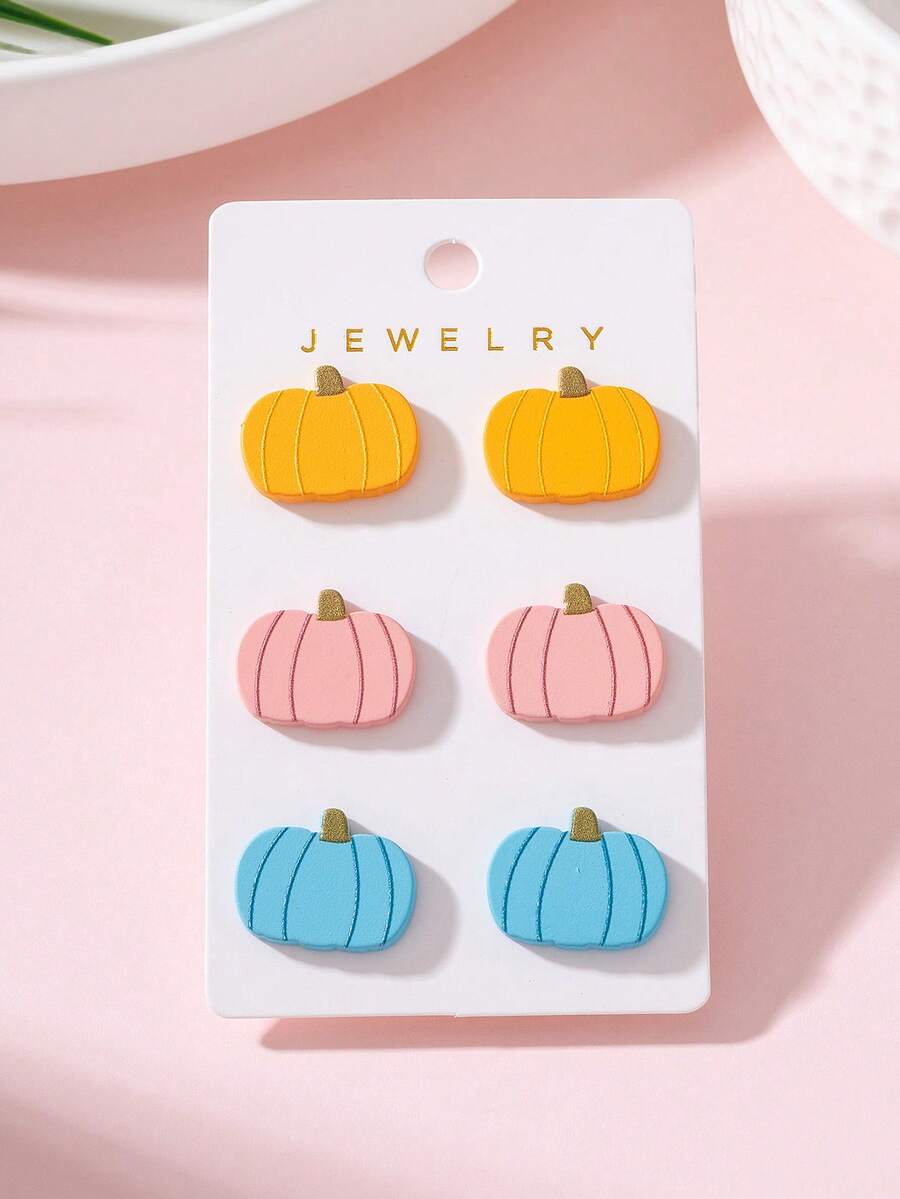 3 Pairs/Set Halloween Colorful Pumpkin Lacquer Texture Design Women's Fashion Stud Earrings Set, Perfect Gift For Holiday Party - Blue - View 1