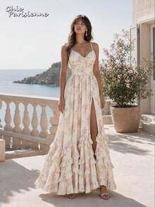 Ivory White Floral Chiffon V-Neck Open Back Tiered A-Line Maxi Dress - 米白 - 查看 6