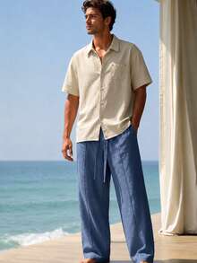 2件組杏色仿亞麻男士度假套裝，男士襯衫與長褲套裝，寬鬆版型，垂墜透氣長褲兩件套，度假風，可機洗，適合海灘度假穿著。版型偏大，請選擇小一號以獲得更好貼合度 - 彩色 - 查看 1