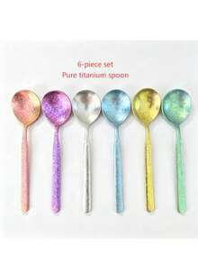 6pcs Pure Titanium Spoons, Exquisite Ice Flower Design Soup Spoons, Home Western Style Spoons, Eating Spoons, Dessert Spoons, Watermelon Spoons, Cake, Coffee, Ice Cream, Honey Spoons - Multicolor - View 13