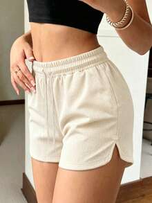 Women's Spring/Summer Small Waffle Texture Elastic Waist Shorts, Comfortable For Hiking, Outdoor Leisure, Running, Sports, Gym Training, With Pockets, Hot Girl Style Shorts - Apricot - View 1